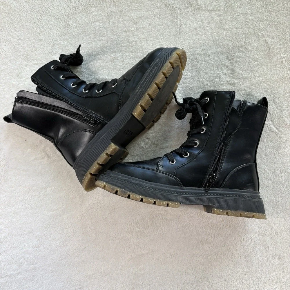 DKNY Crissa Girls Youth 3‎ Black Combat Boots Side Zip Lace Up Glitter Sole